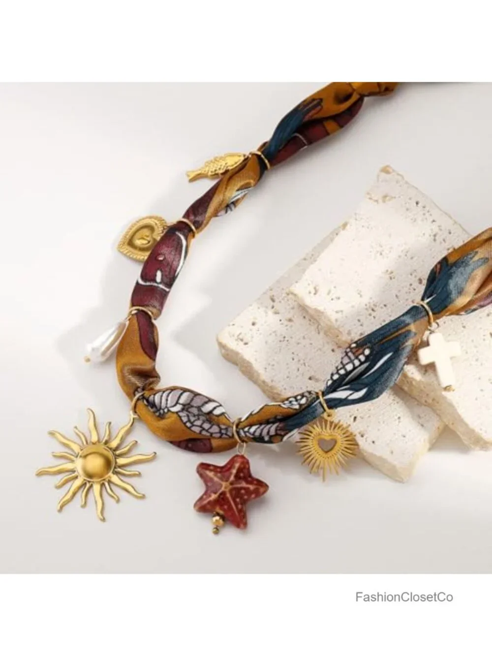 Boho Scarf Necklace with Charms 14K Gold Plated Seashell Starfish